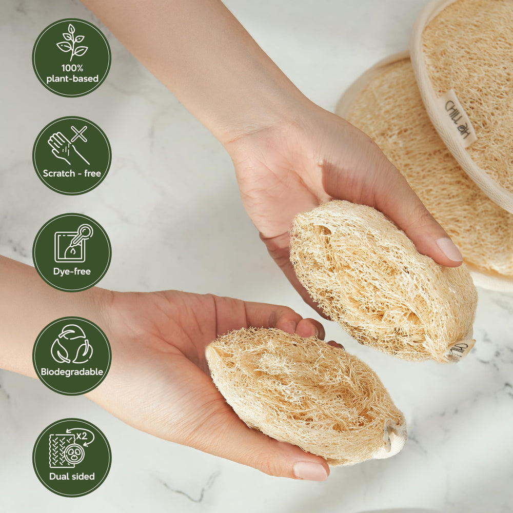 Chill Ah Green Glow dye-free natural loofah texture demonstrating chemical-free cleansing ritual