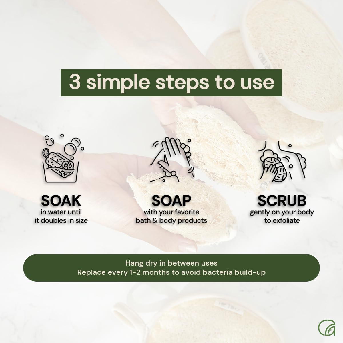 Chill Ah Green Glow generous-size loofah for easy, comfortable handling during showers