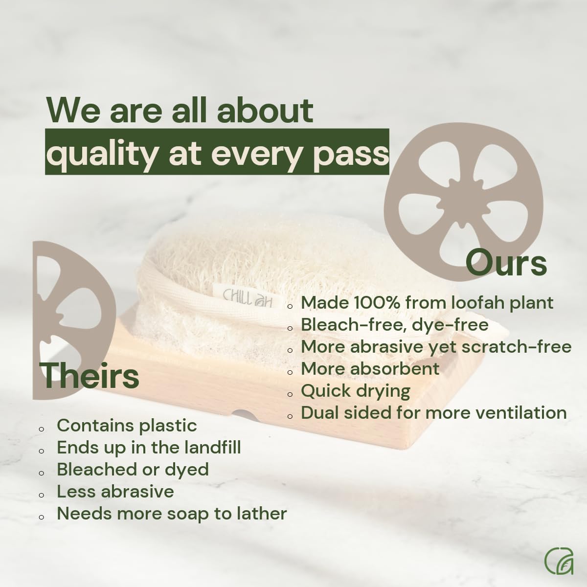 Chill Ah Green Glow scratch-free loofah surface indicates gentle exfoliation for daily use