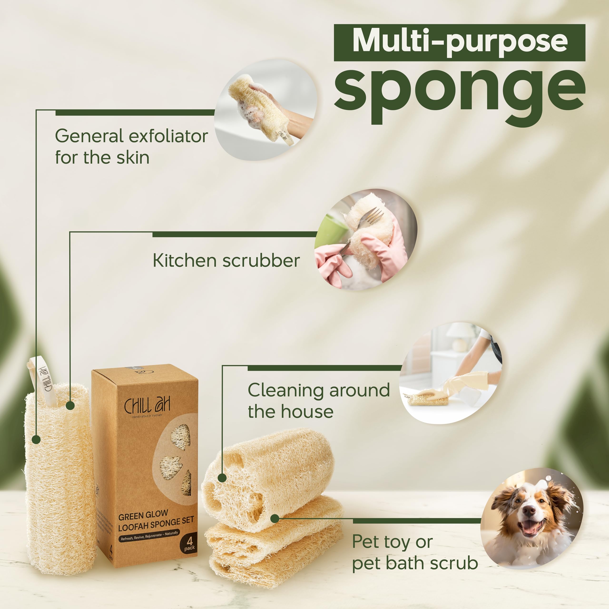 Chill Ah loofah sponge multi-use application shows cleaning and grooming versatility.