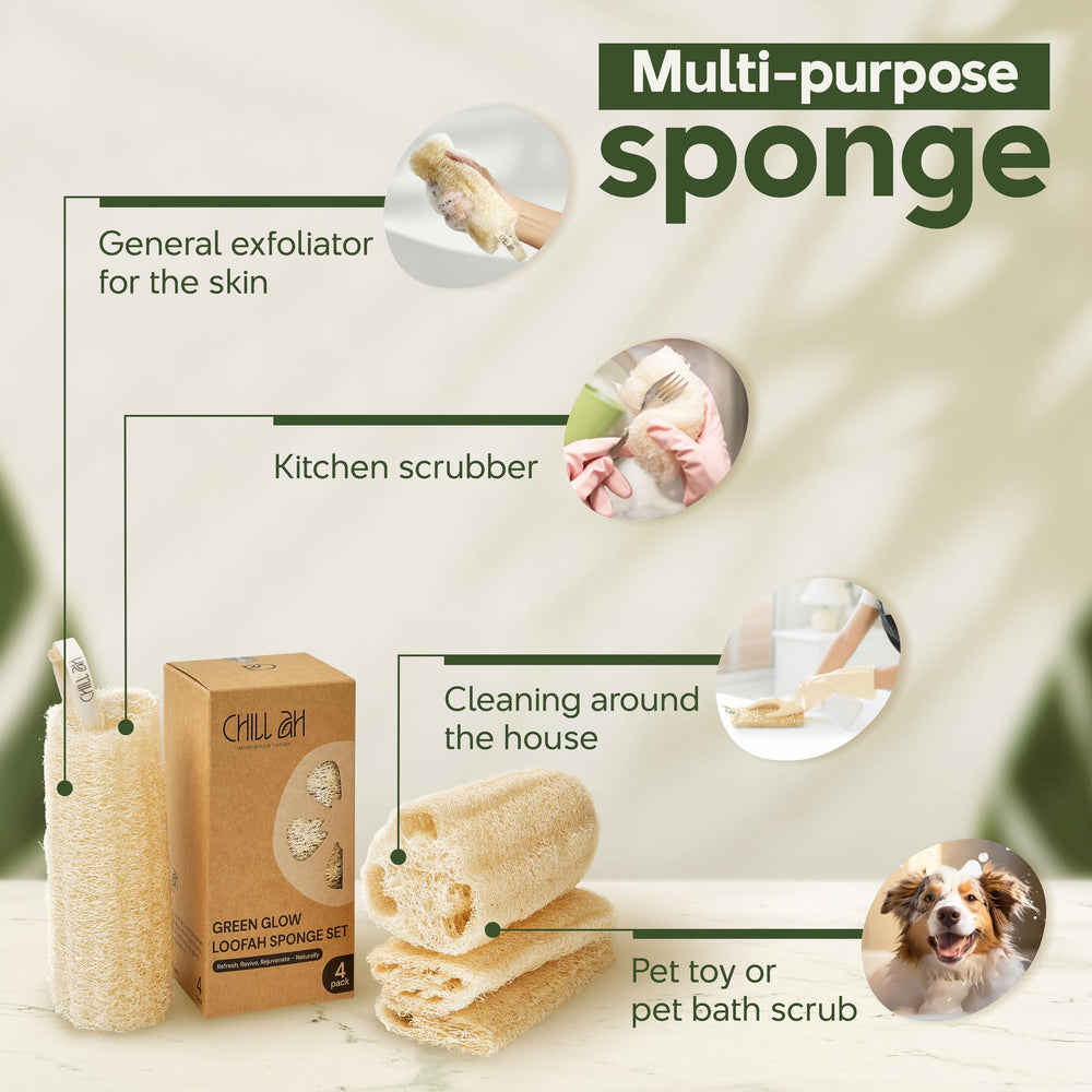 Chill Ah loofah sponge multi-use application shows cleaning and grooming versatility.