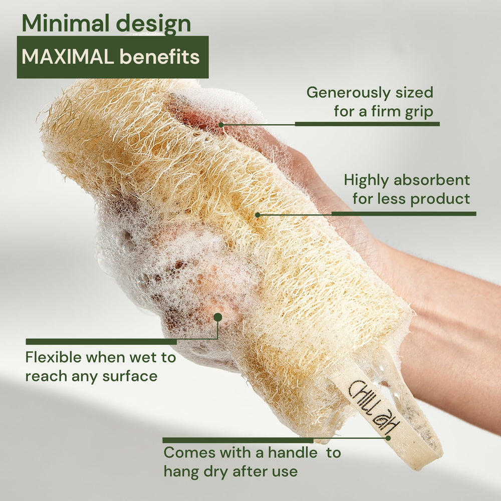 Chill Ah loofah sponge shower-scene illustrates spa-like routine with radiant skin glow.