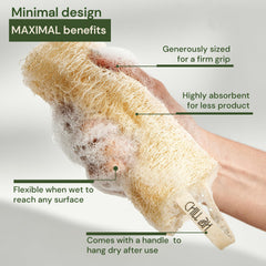 Chill Ah loofah sponge shower-scene illustrates spa-like routine with radiant skin glow.