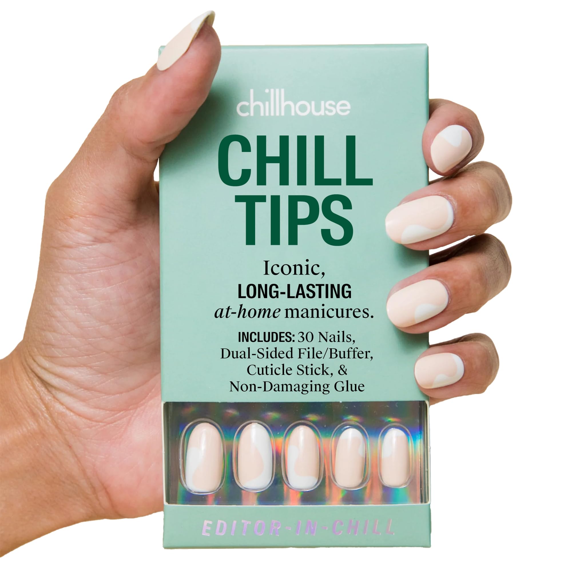 Chillhouse Chill Tips Editor in Chill Oval close-up shows the dual-tone wave design for chic nails.