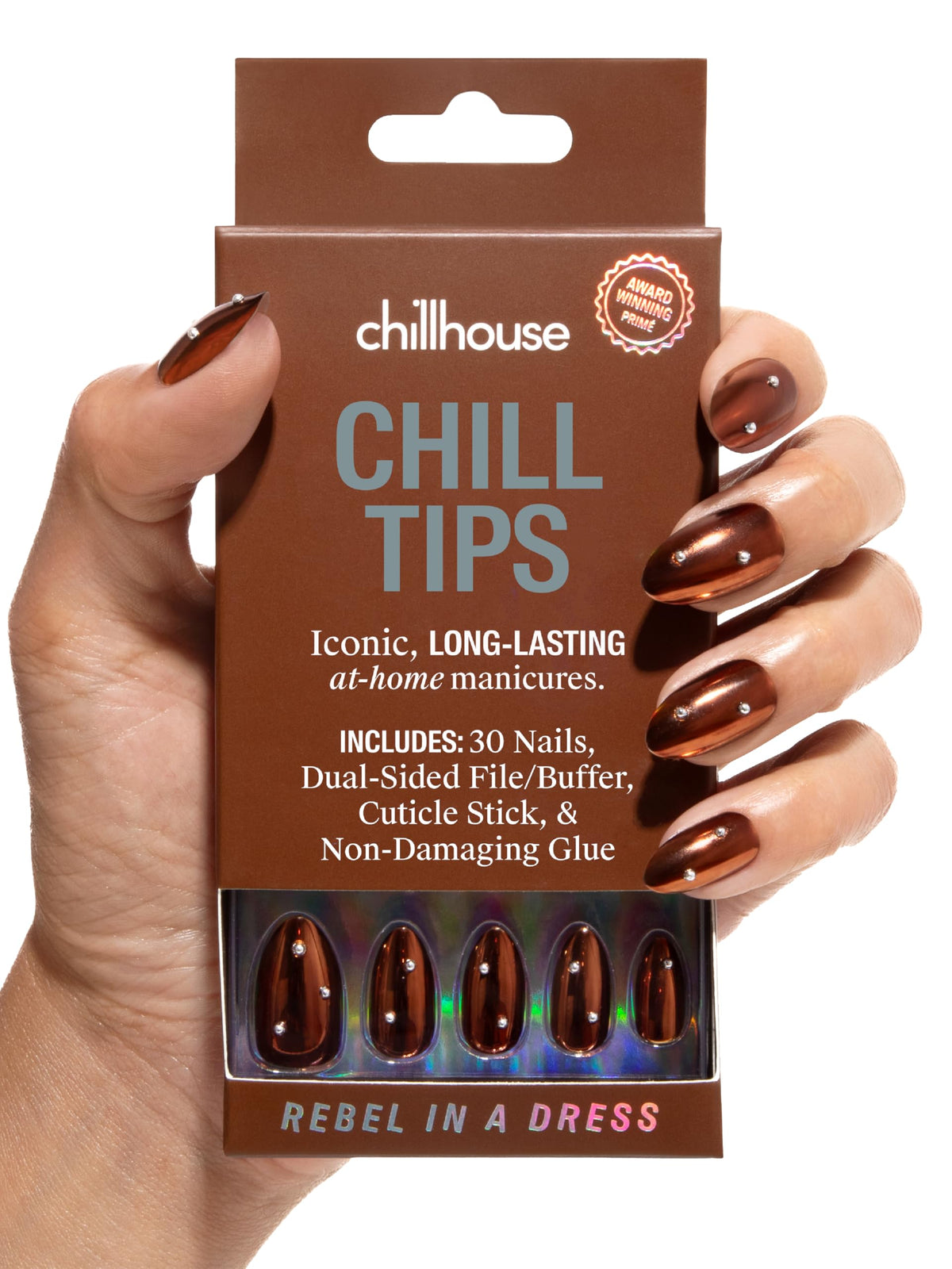 Chillhouse Chill Tips Rebel in a Dress Almond collection showcases adaptable nail shapes for a custom fit.