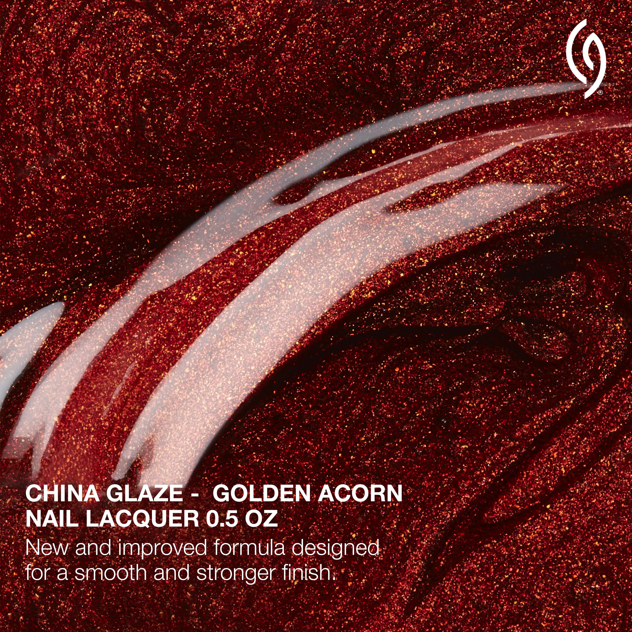 China Glaze Golden Acorn color-swirl highlights copper bronze shimmer and glossy finish.