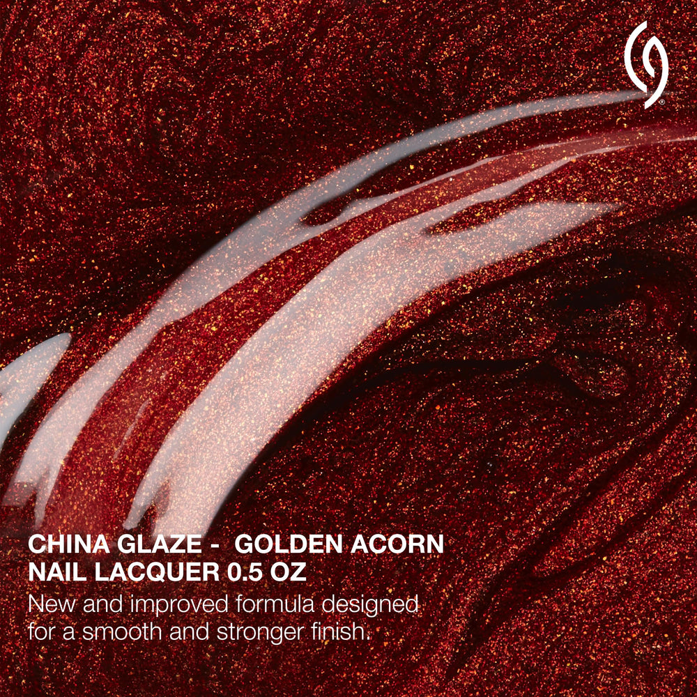 China Glaze Golden Acorn color-swirl highlights copper bronze shimmer and glossy finish.