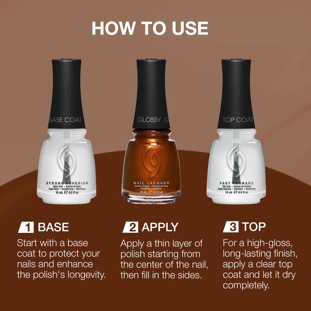 China Glaze Golden Acorn dry-time image emphasizes quick-dry formula for faster manicures.