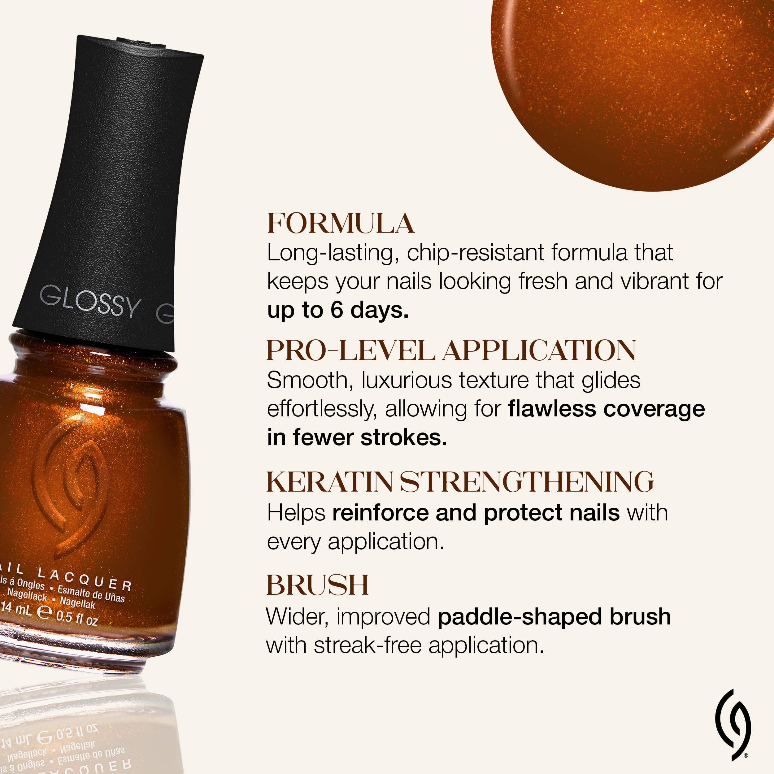 China Glaze Golden Acorn swatch reveals rich copper bronze color with radiant shine.