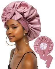 CHLINS Extra Large Satin Bonnet with closed bow for secure night hair protection