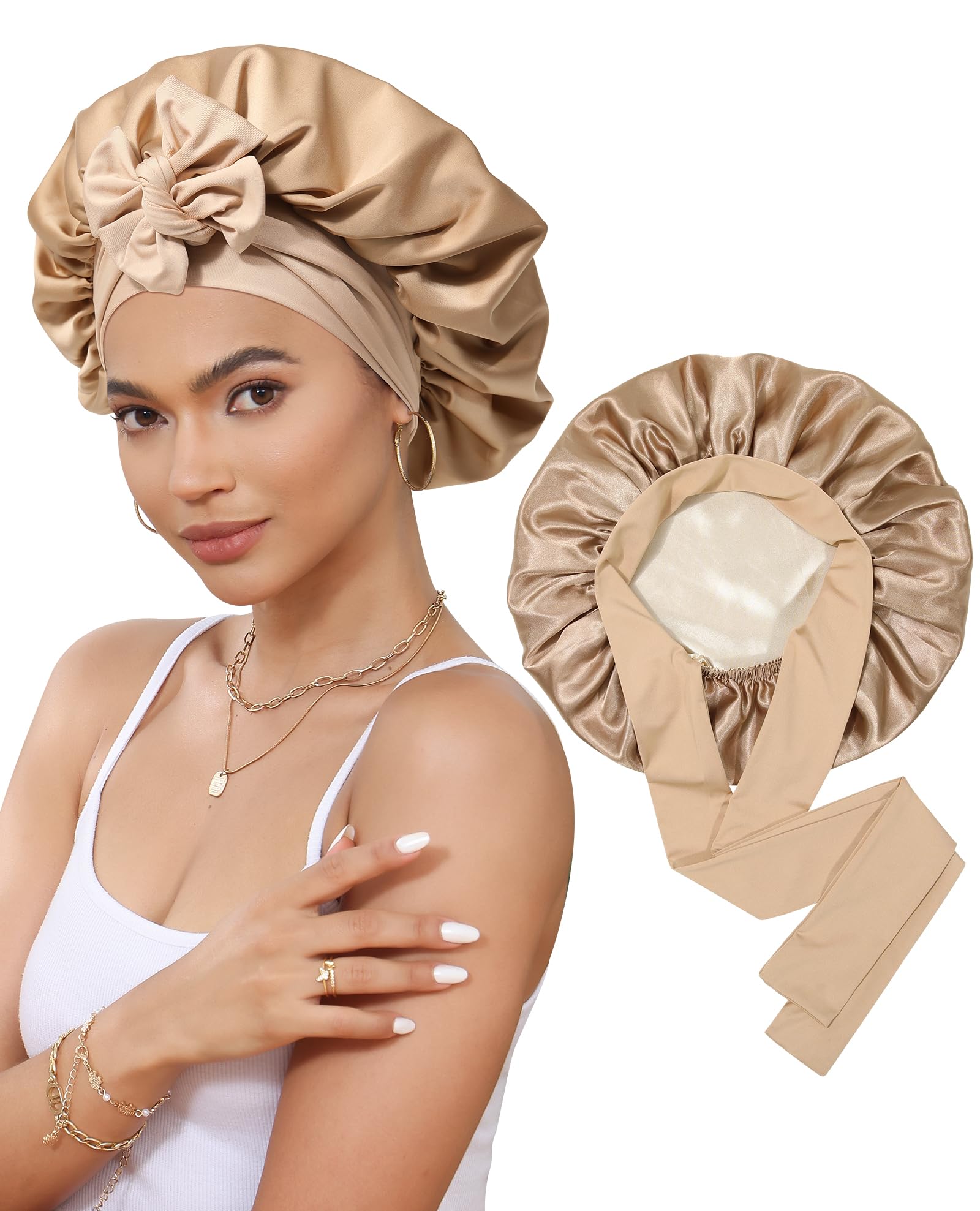 CHLINS satin bonnet closeup shows wide elastic band for secure overnight fit.