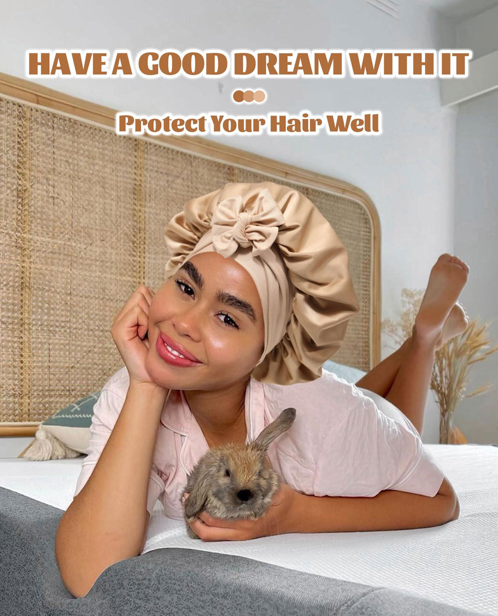 CHLINS satin bonnet color option coffee champagne worn by model in room.
