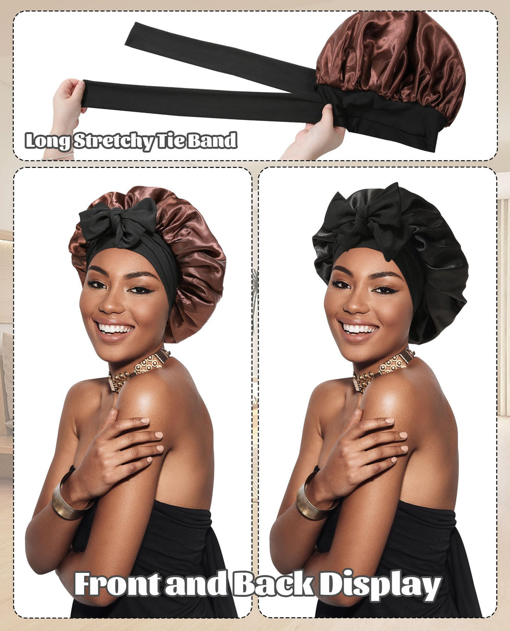 CHLINS satin bonnet elastic band closeup shows secure fit for all head sizes