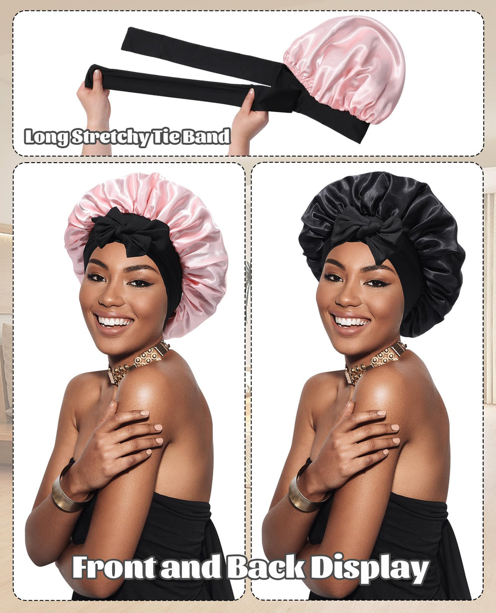 CHLINS elastic-band closeup shows secure all-night fit for curls.