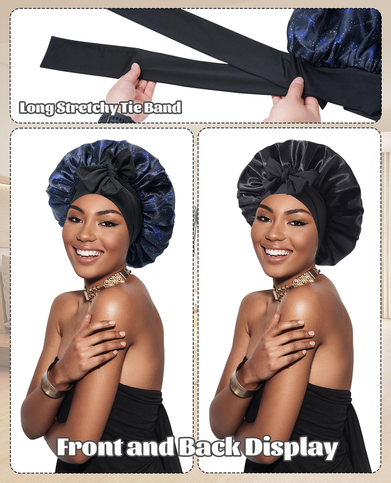 CHLINS satin bonnet elastic band close-up showing secure fit