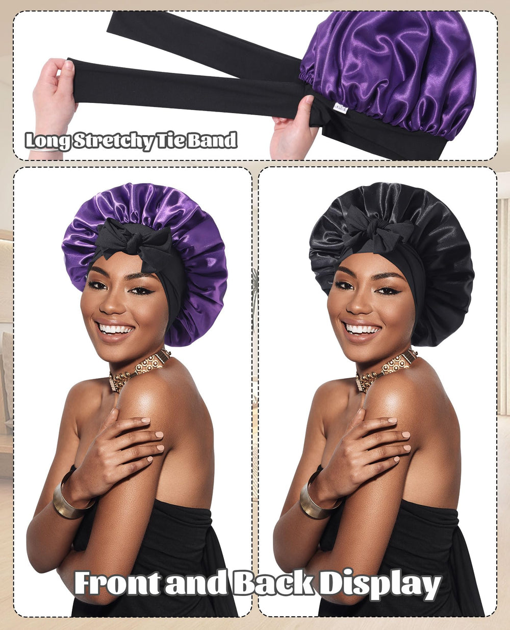 CHLINS satin bonnet elastic band—wide stretch for secure fit through the night.