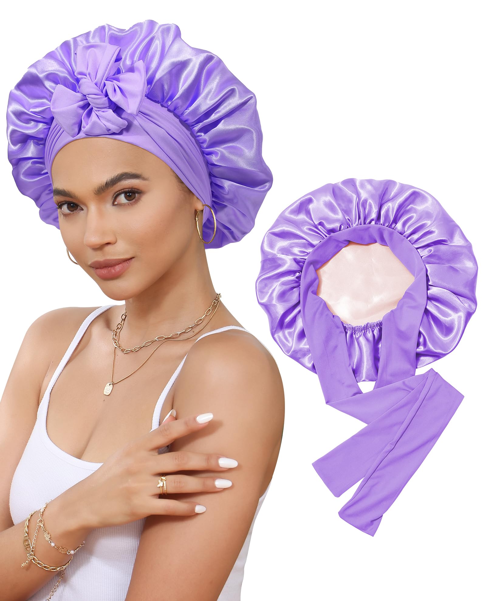 CHLINS satin bonnet with elastic band secures overnight hair protection.