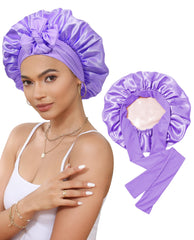 CHLINS satin bonnet with elastic band secures overnight hair protection.