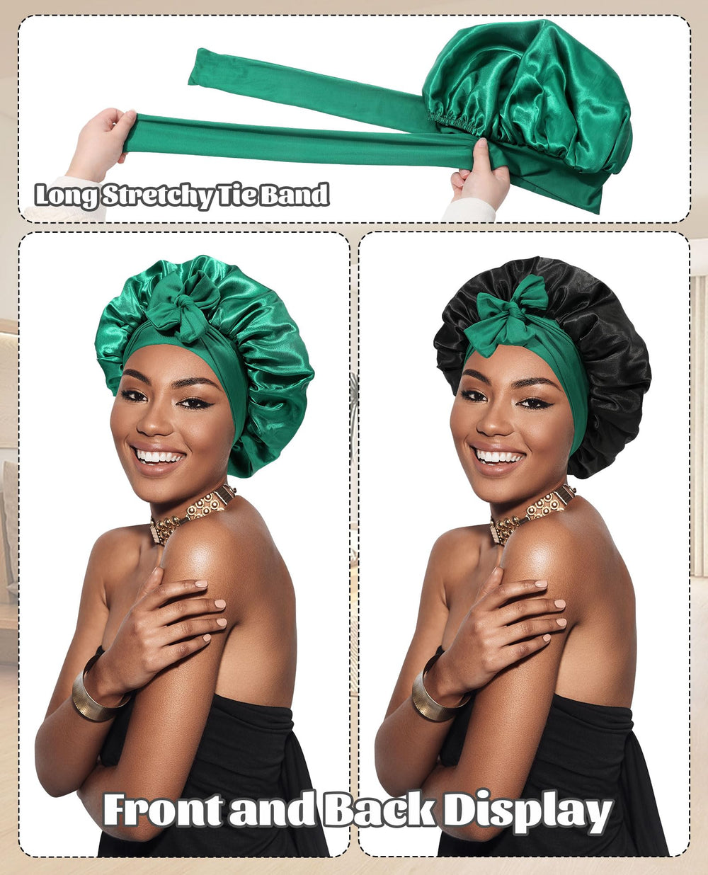 CHLINS satin bonnet elastic broad band closeup highlights adjustable fit.