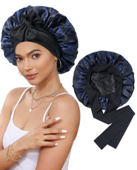 CHLINS satin bonnet for sleeping on head in Nebula+Black, secure overnight protection