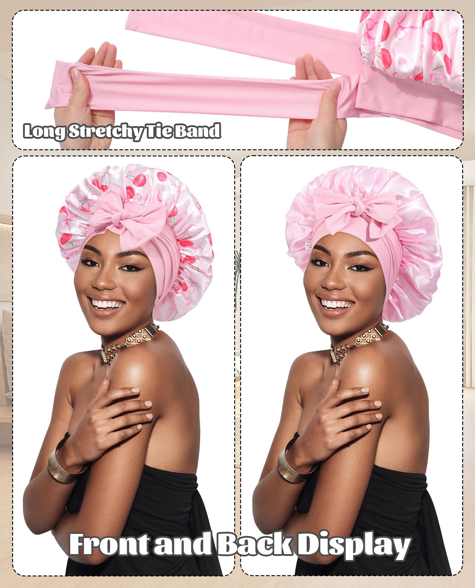 CHLINS satin bonnet worn on head with curly hair protects moisture overnight