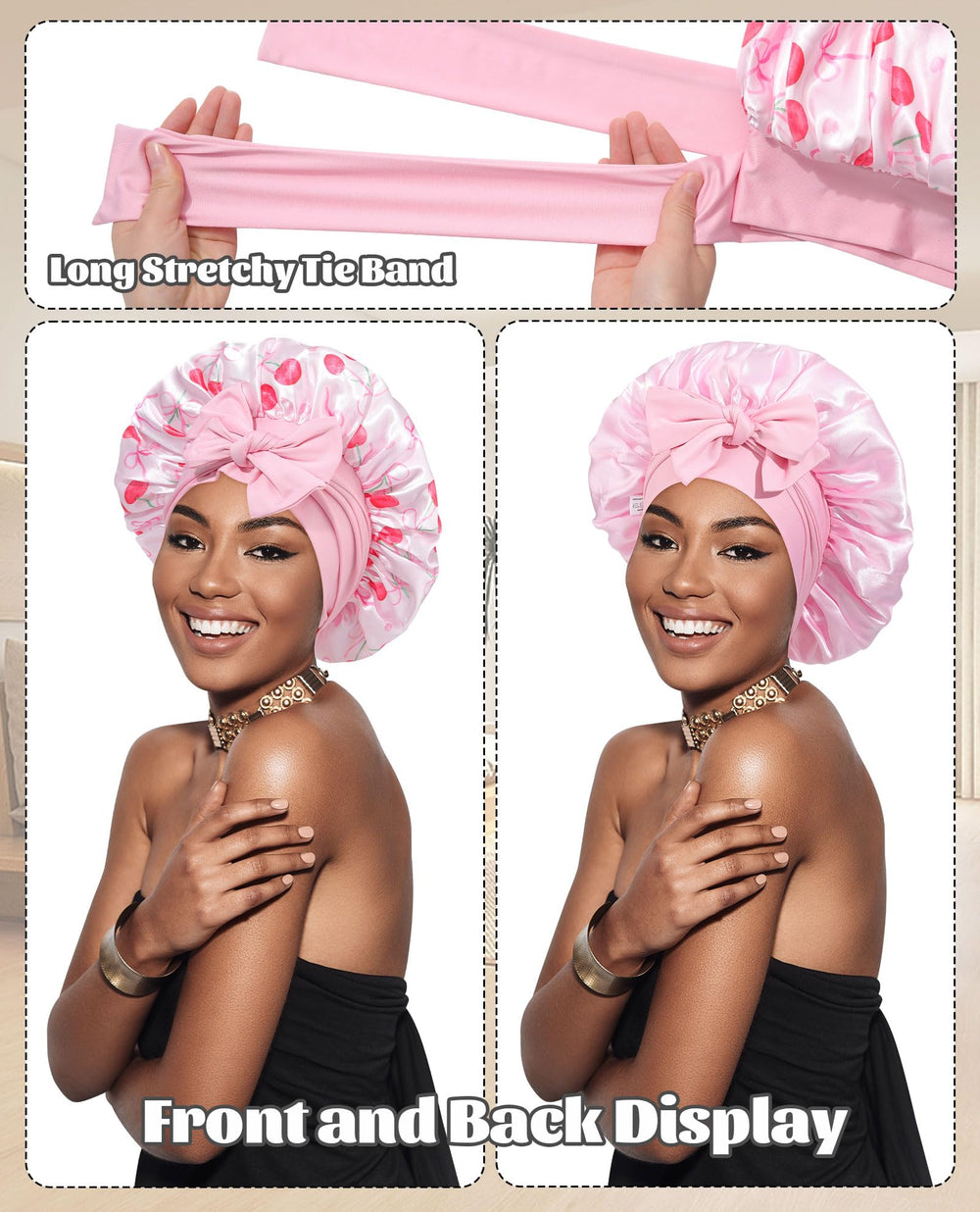 CHLINS satin bonnet worn on head with curly hair protects moisture overnight
