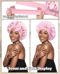 CHLINS satin bonnet worn on head with curly hair protects moisture overnight