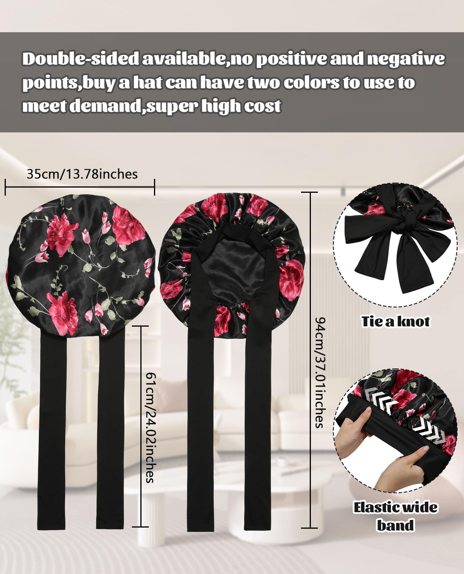 CHLINS satin bonnet on head demonstrates stay-put performance