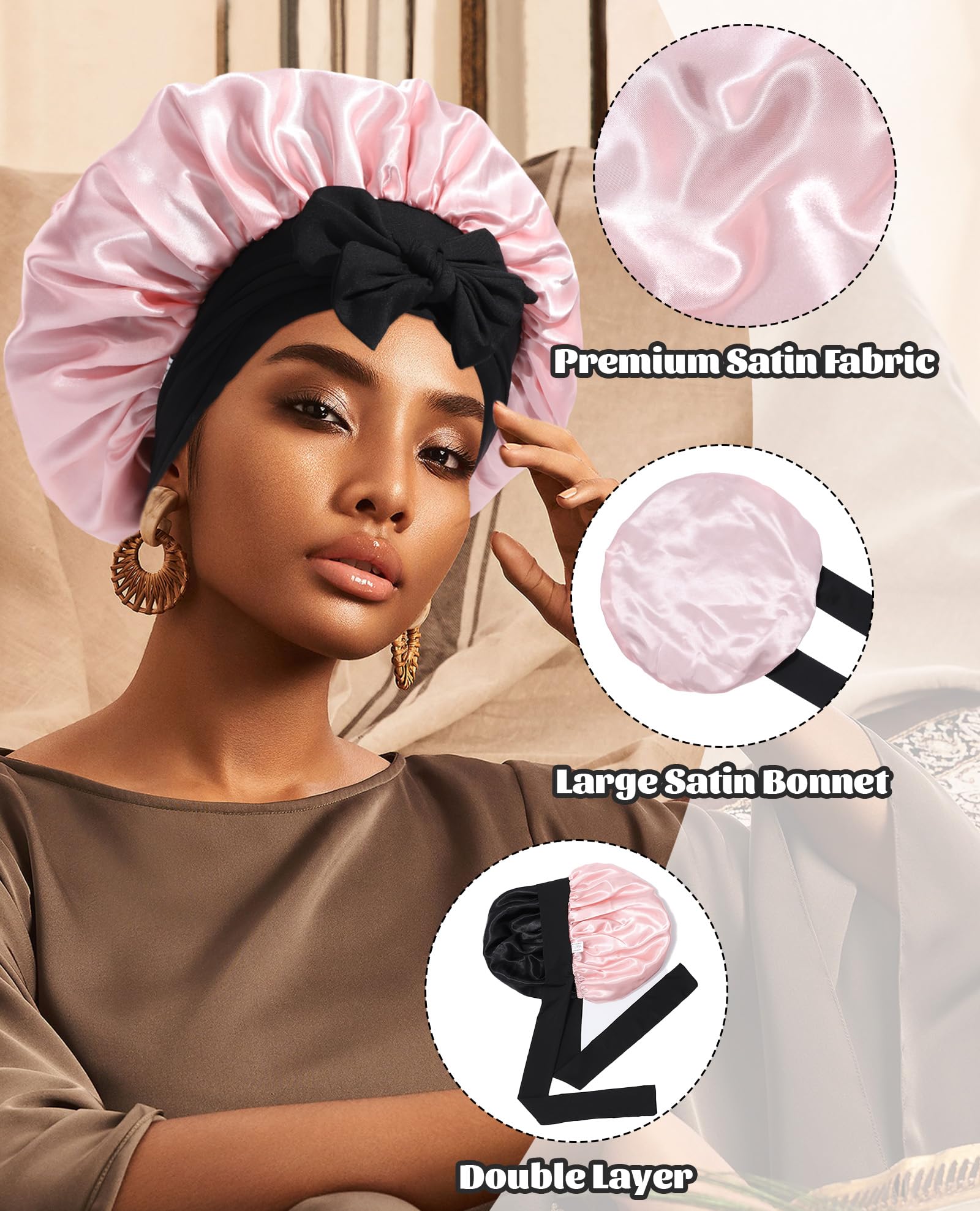 CHLINS satin bonnet worn during night-use on bed.