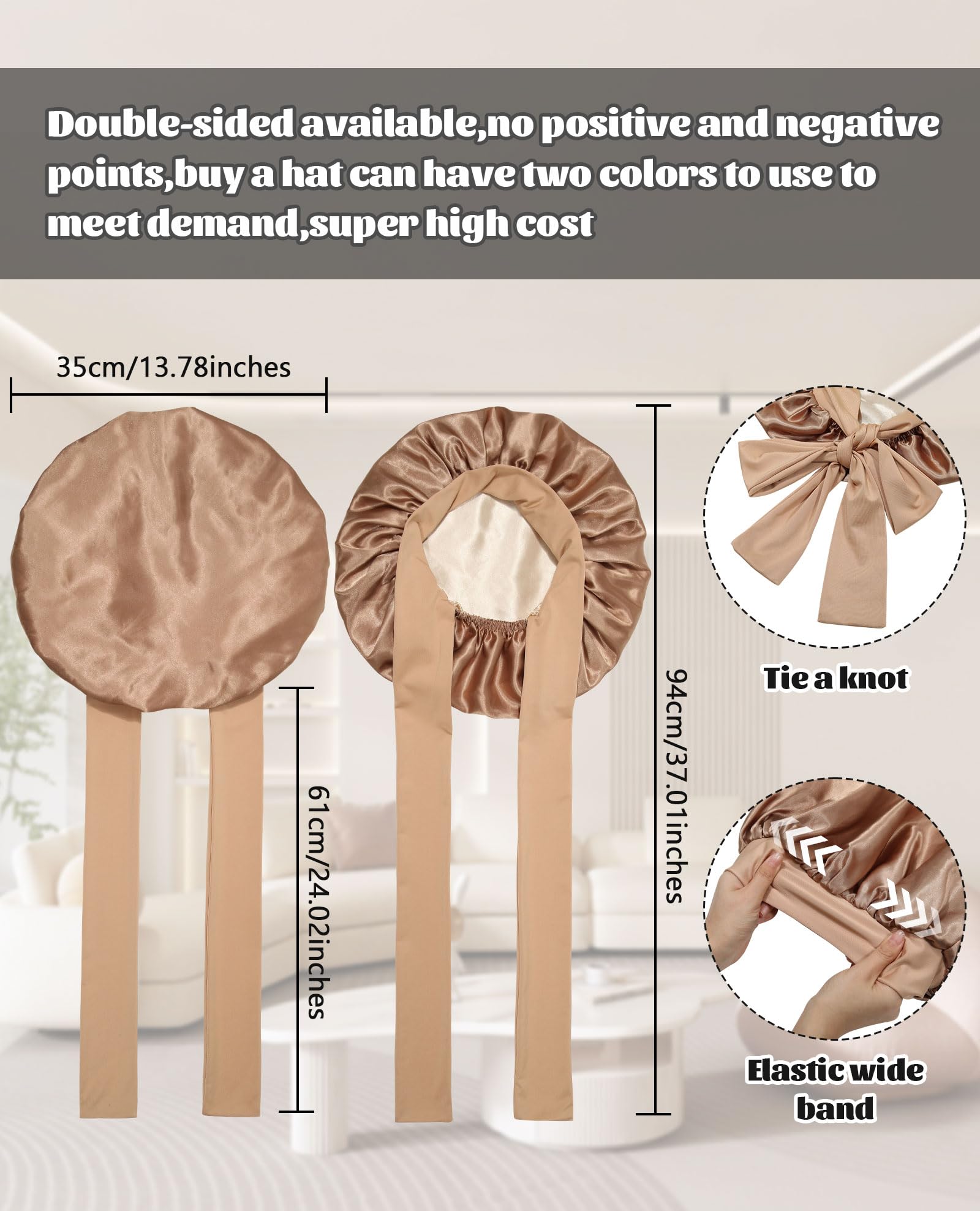 CHLINS satin bonnet on head at night demonstrates stay-on design for hair protection.