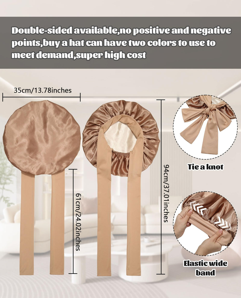 CHLINS satin bonnet on head at night demonstrates stay-on design for hair protection.