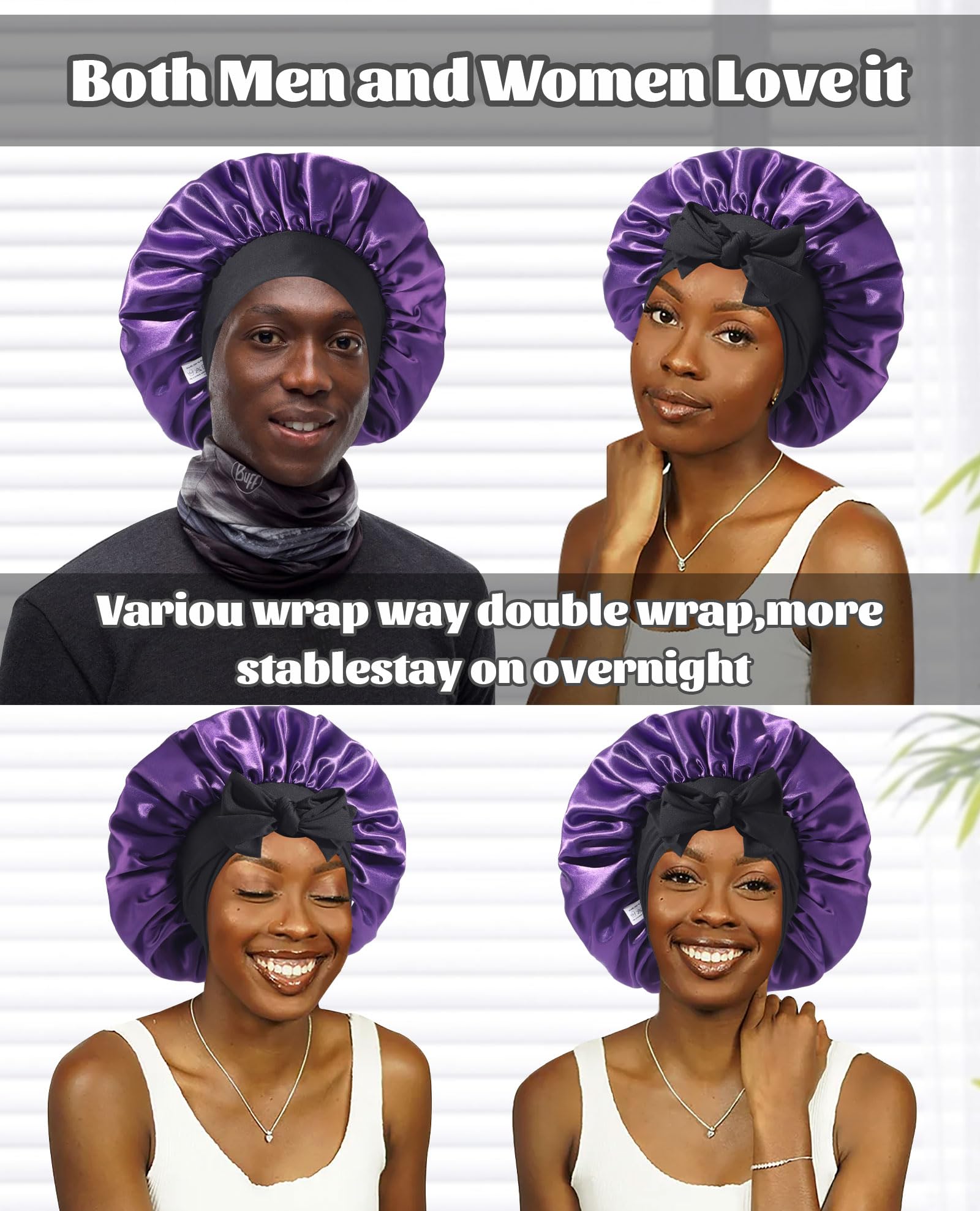 CHLINS satin bonnet-on-head view—stays put overnight for gentle moisture retention.