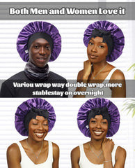 CHLINS satin bonnet-on-head view—stays put overnight for gentle moisture retention.
