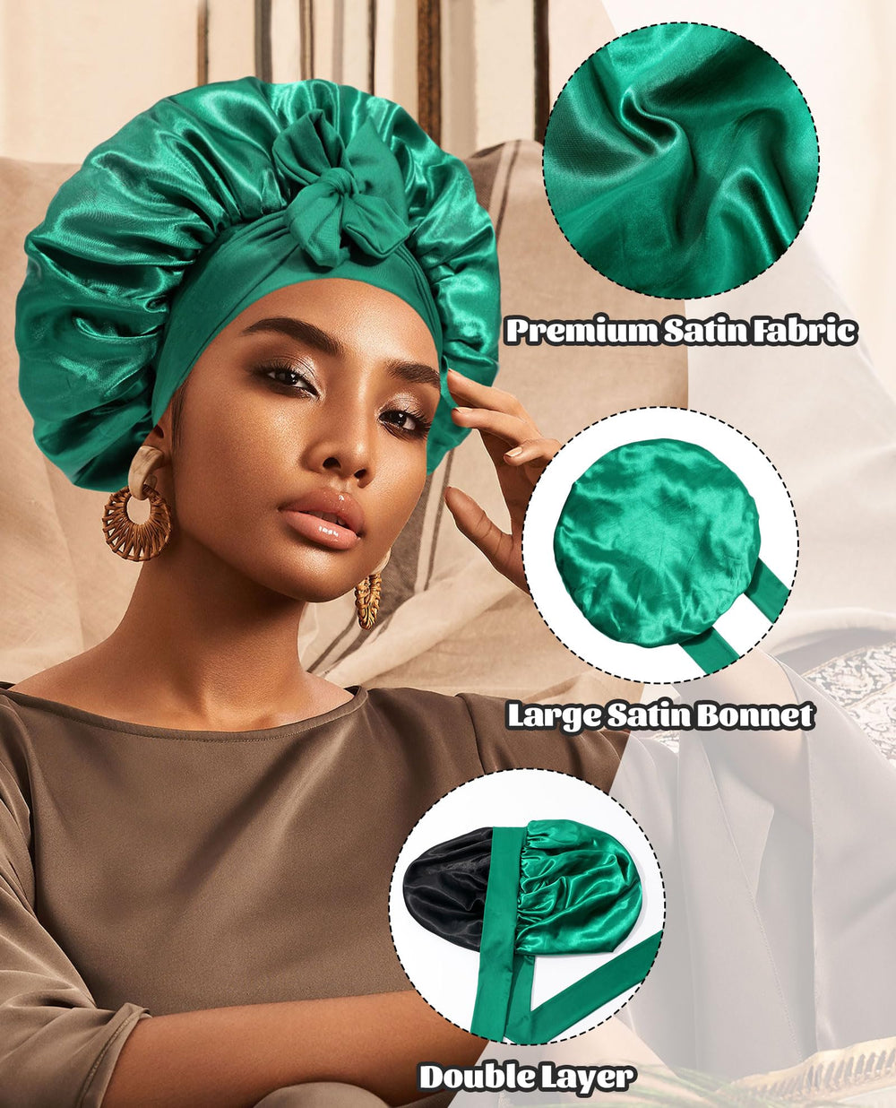 CHLINS satin bonnet on head during night use proves secure coverage.