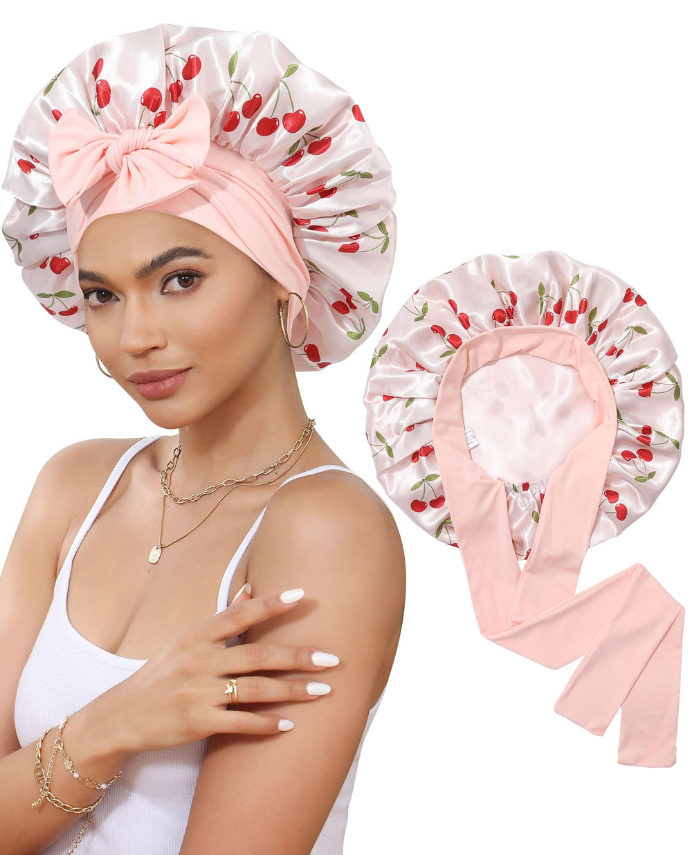 CHLINS satin bonnet on head provides gentle overnight hair protection and moisture retention.