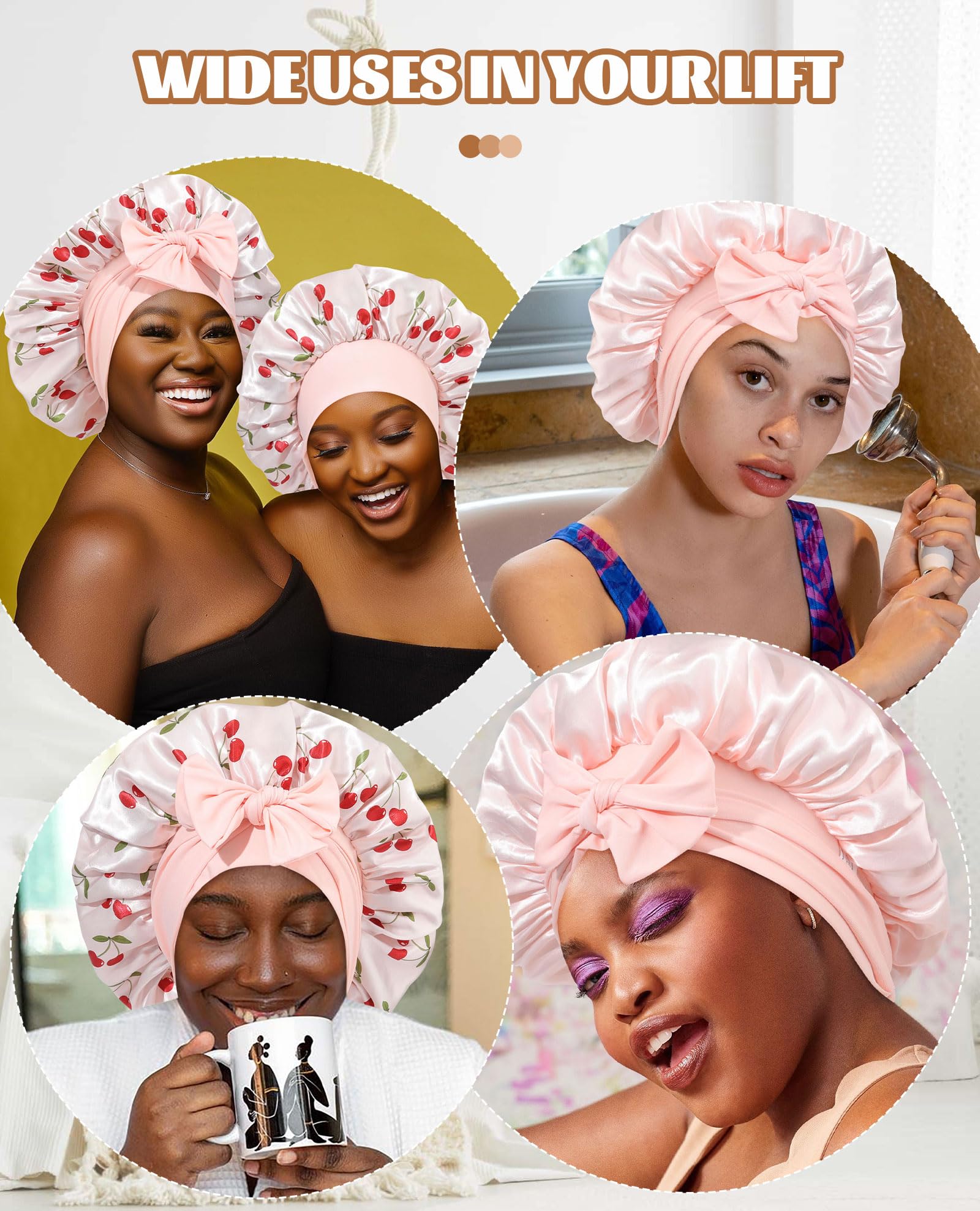 CHLINS peach-pink-cherry color satin bonnet complements sleep routine.