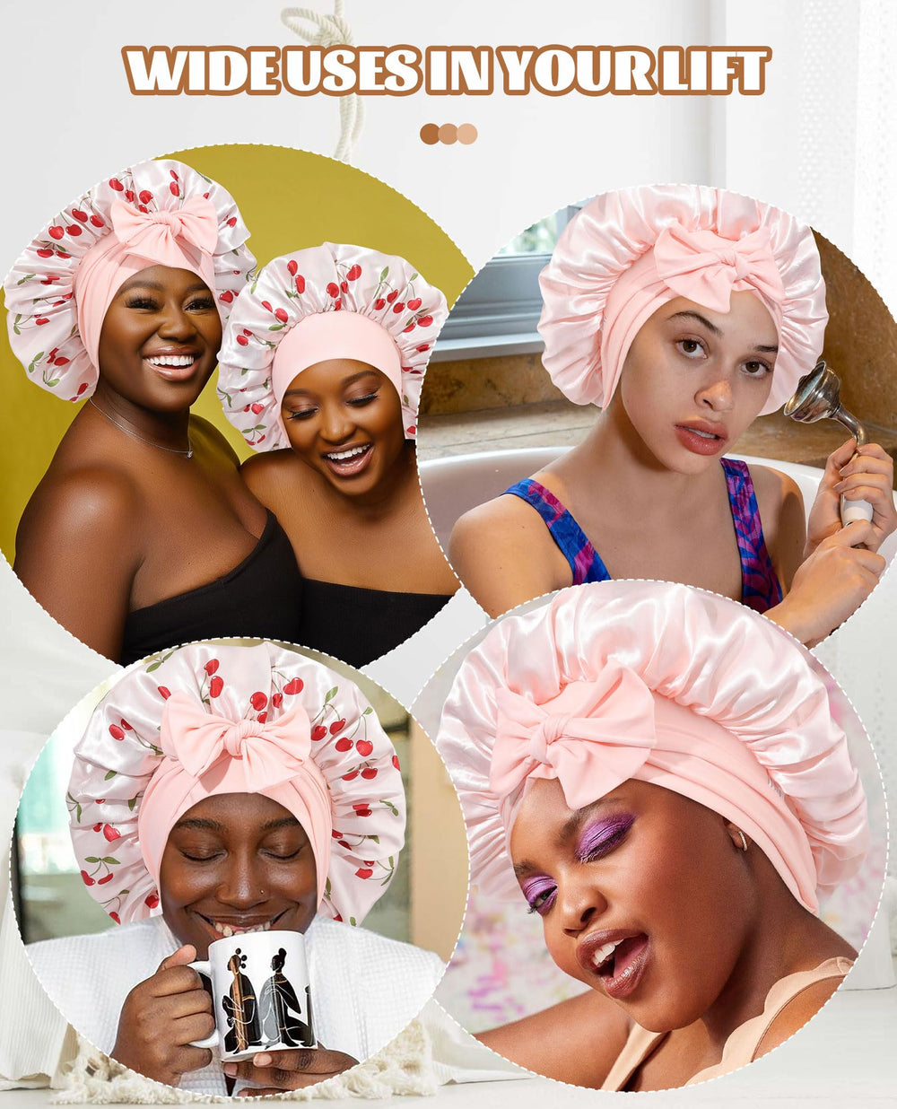 CHLINS peach-pink-cherry color satin bonnet complements sleep routine.