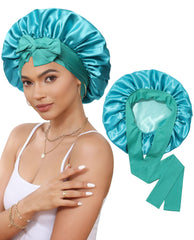 CHLINS Satin Bonnet peacock green worn overnight for moisture retention and smoother hair