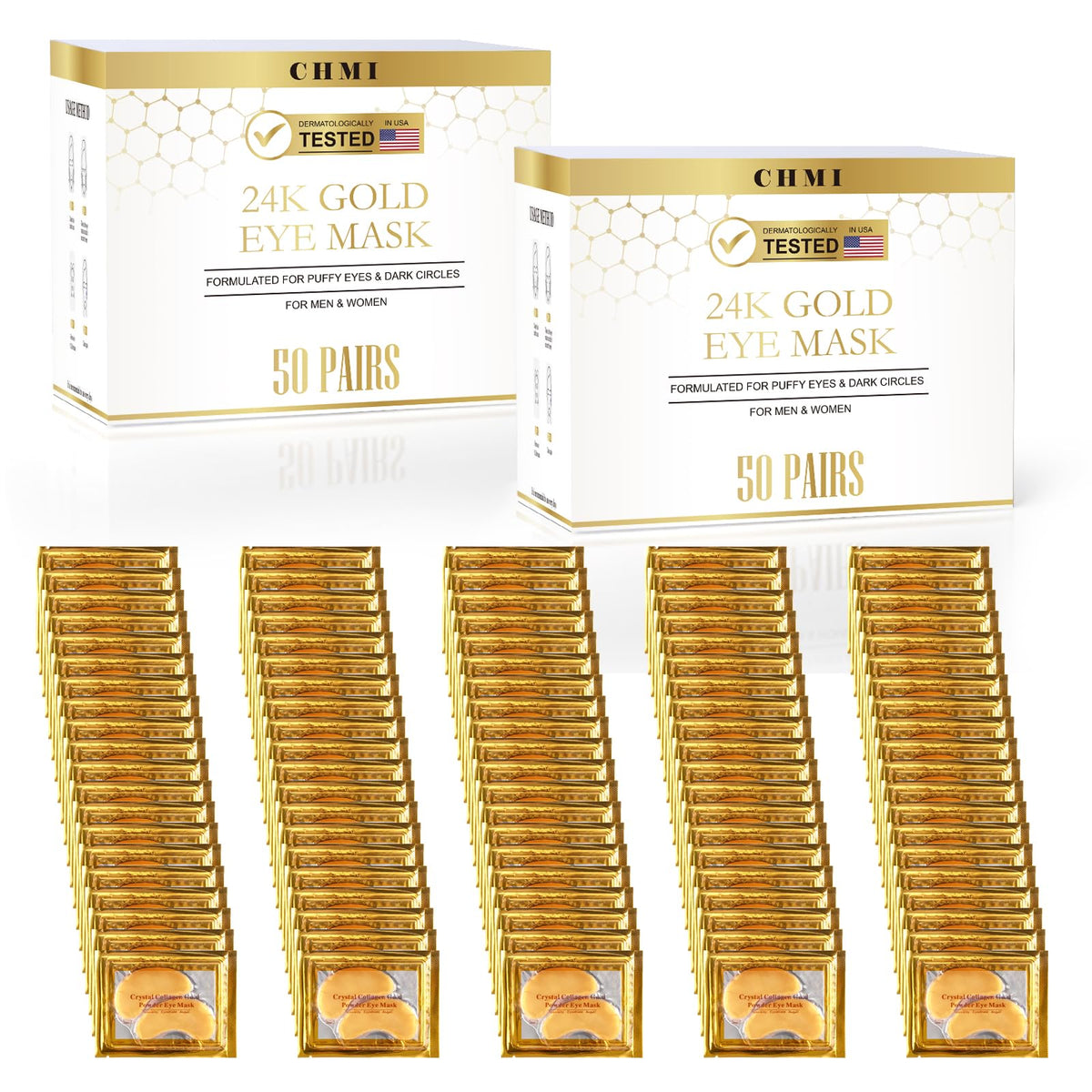 CHMI 24K gold under eye patches with gold essence for hydration and brightness.