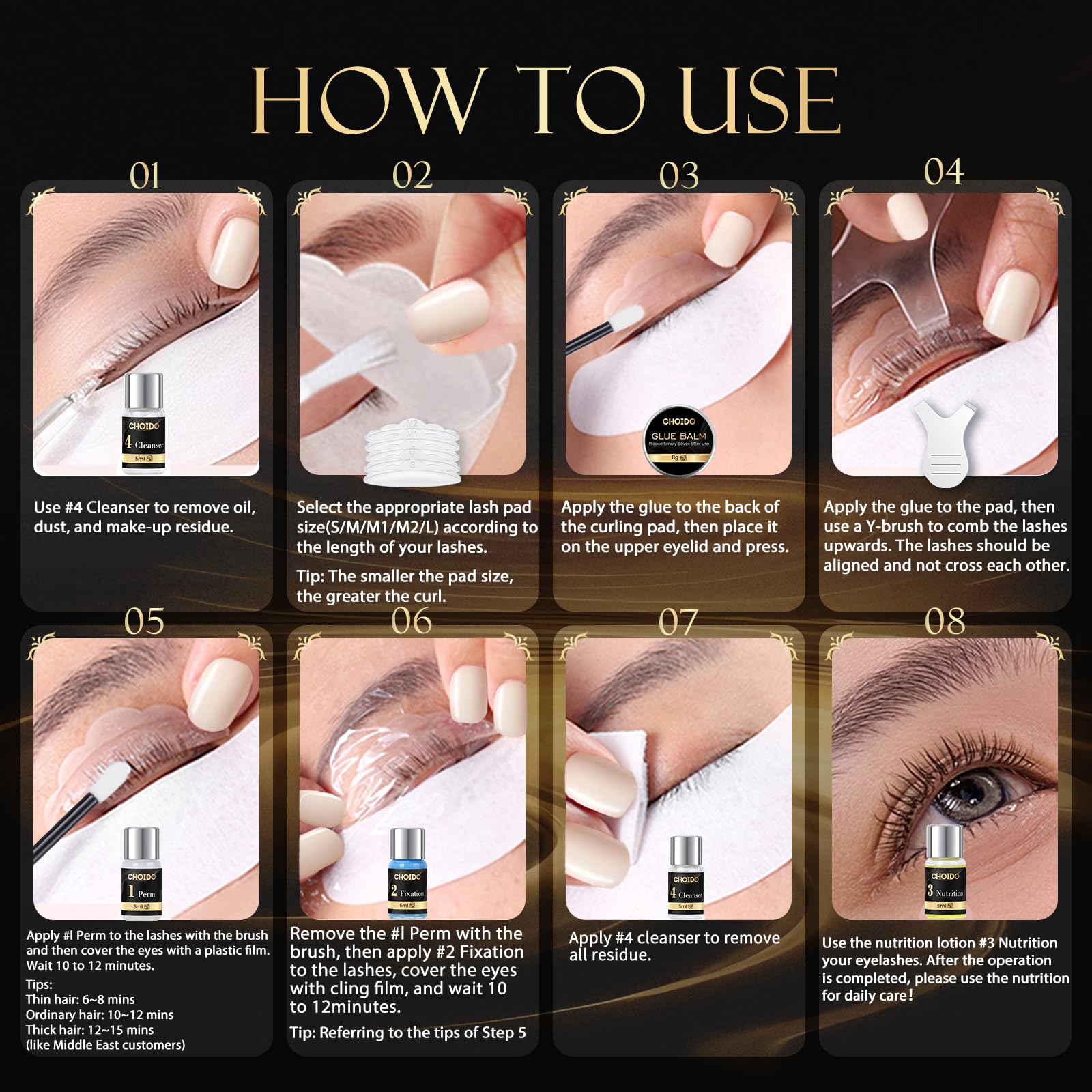 CHOIDO lash lift kit fixation lotion highlights lasting hold and curl.