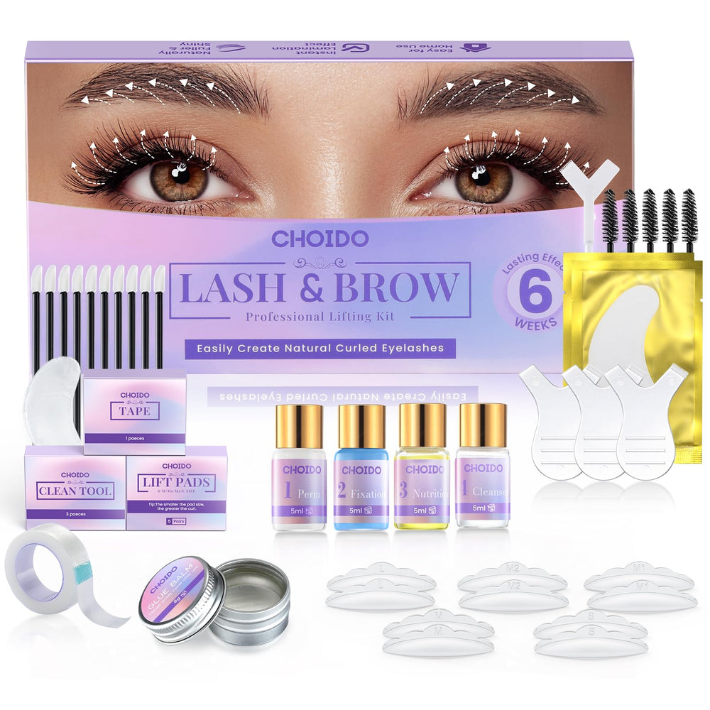 Choido Lash Lift Kit packaging shows organized tools for at-home professional results.