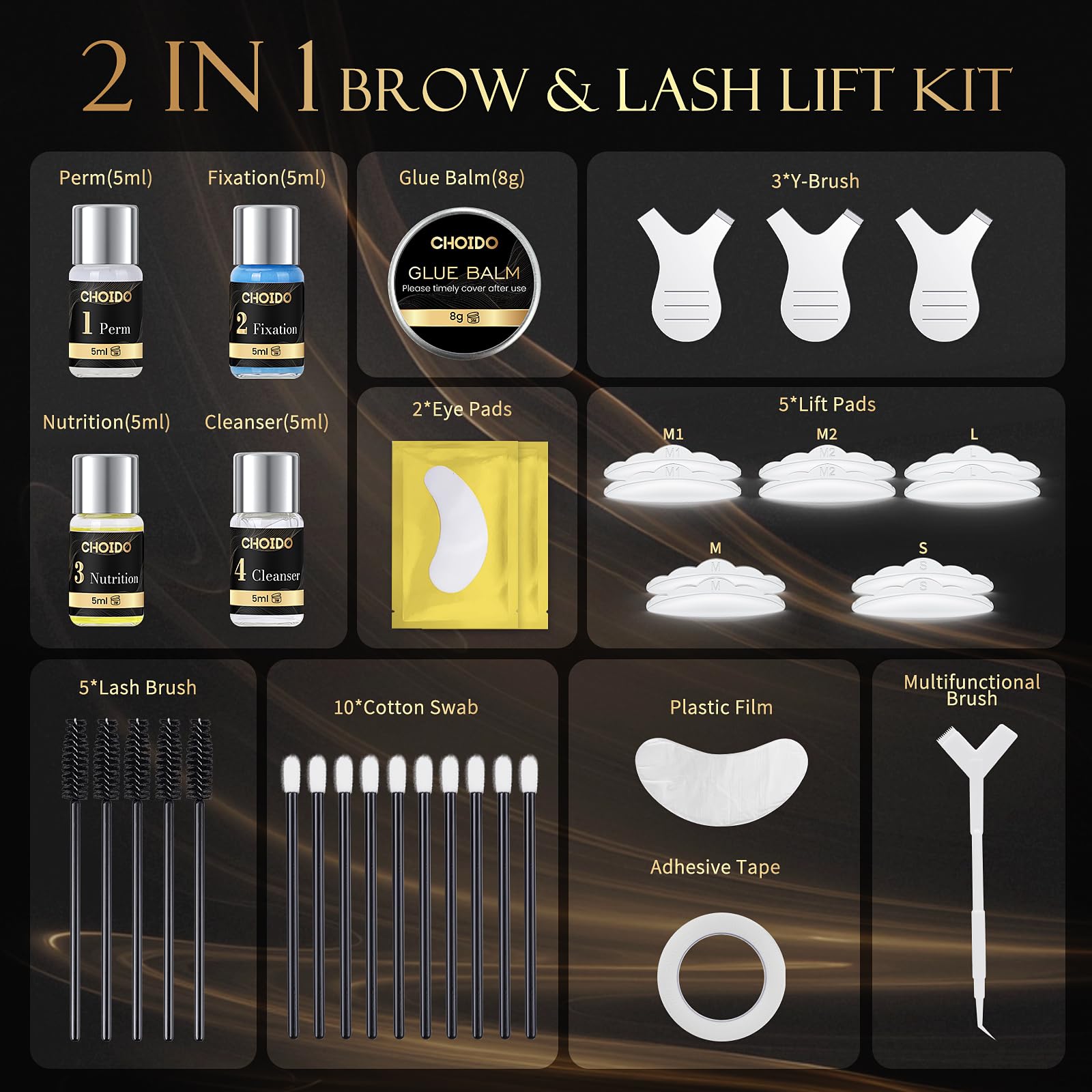CHOIDO lash lift kit tools laid out for easy DIY lash curling.