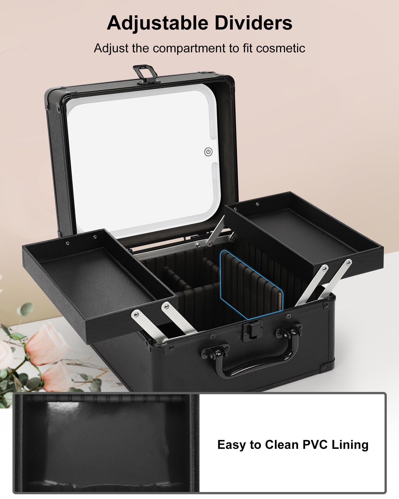 Chomeiu makeup bag with mirror open trays displays adjustable dividers for precision storage.