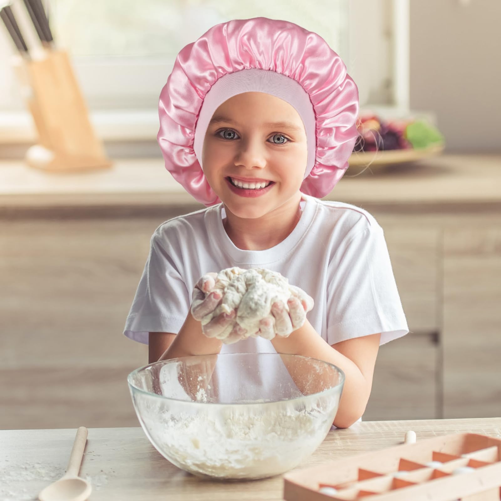 Choshion kids satin bonnet fabric texture close-up highlights breathable, hypoallergenic care