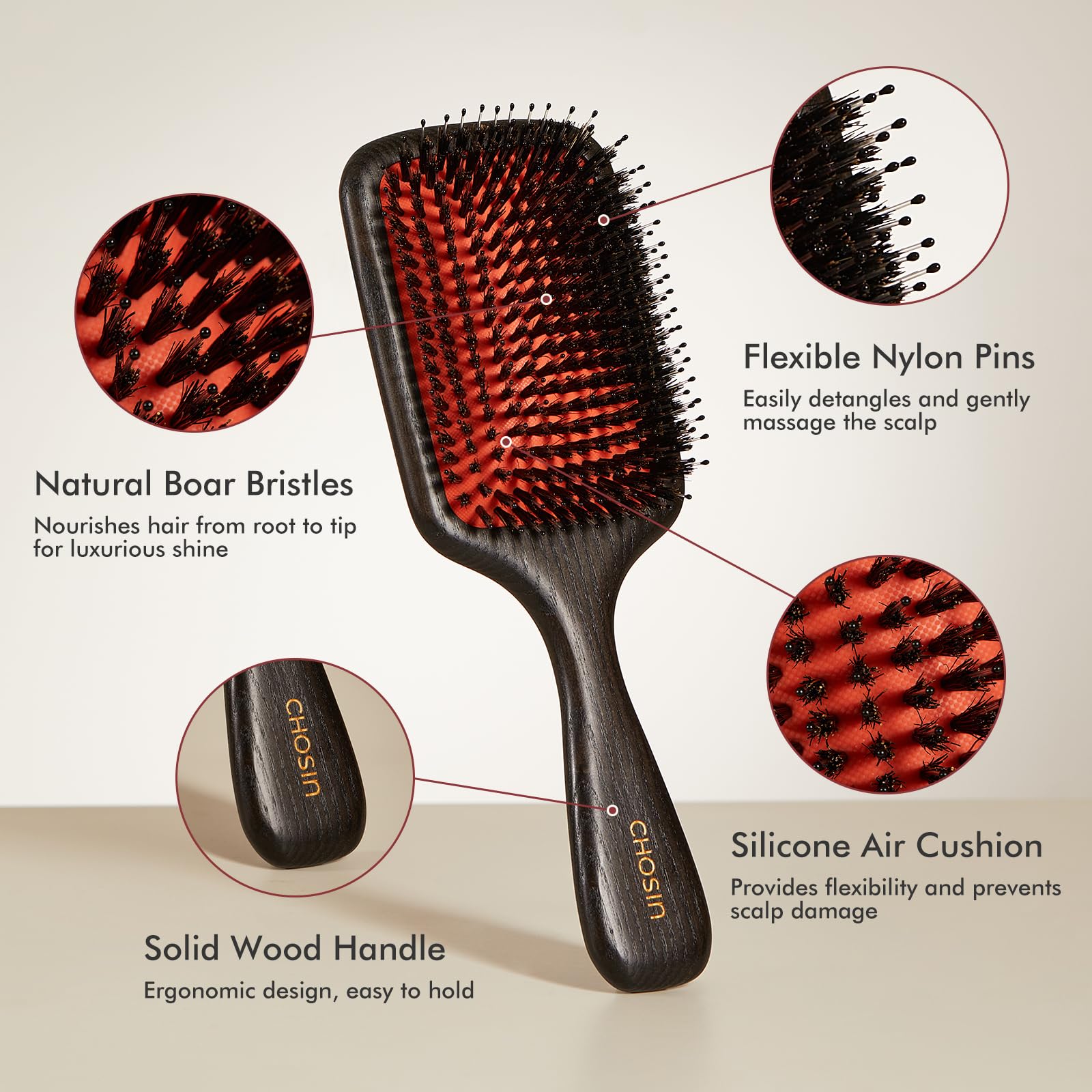 Natural wood handle and ergonomic grip for comfortable styling with CHOSIN brush