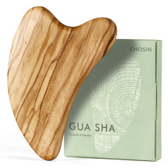 CHOSIN olive wood gua sha tool close-up shows smooth surface for sensitive skin comfort