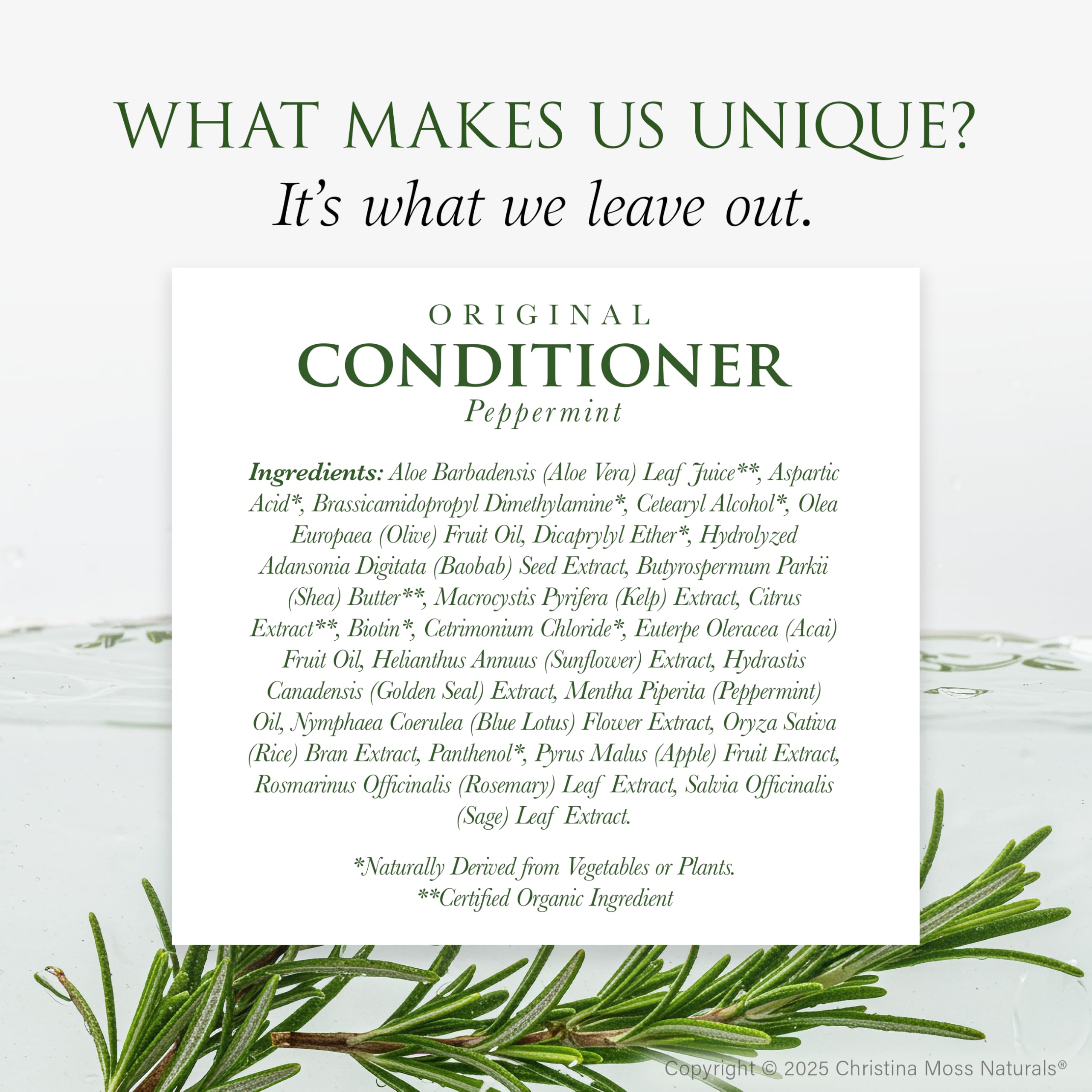 Christina Moss Naturals conditioner close-up with kelp and blue lotus for frizz control