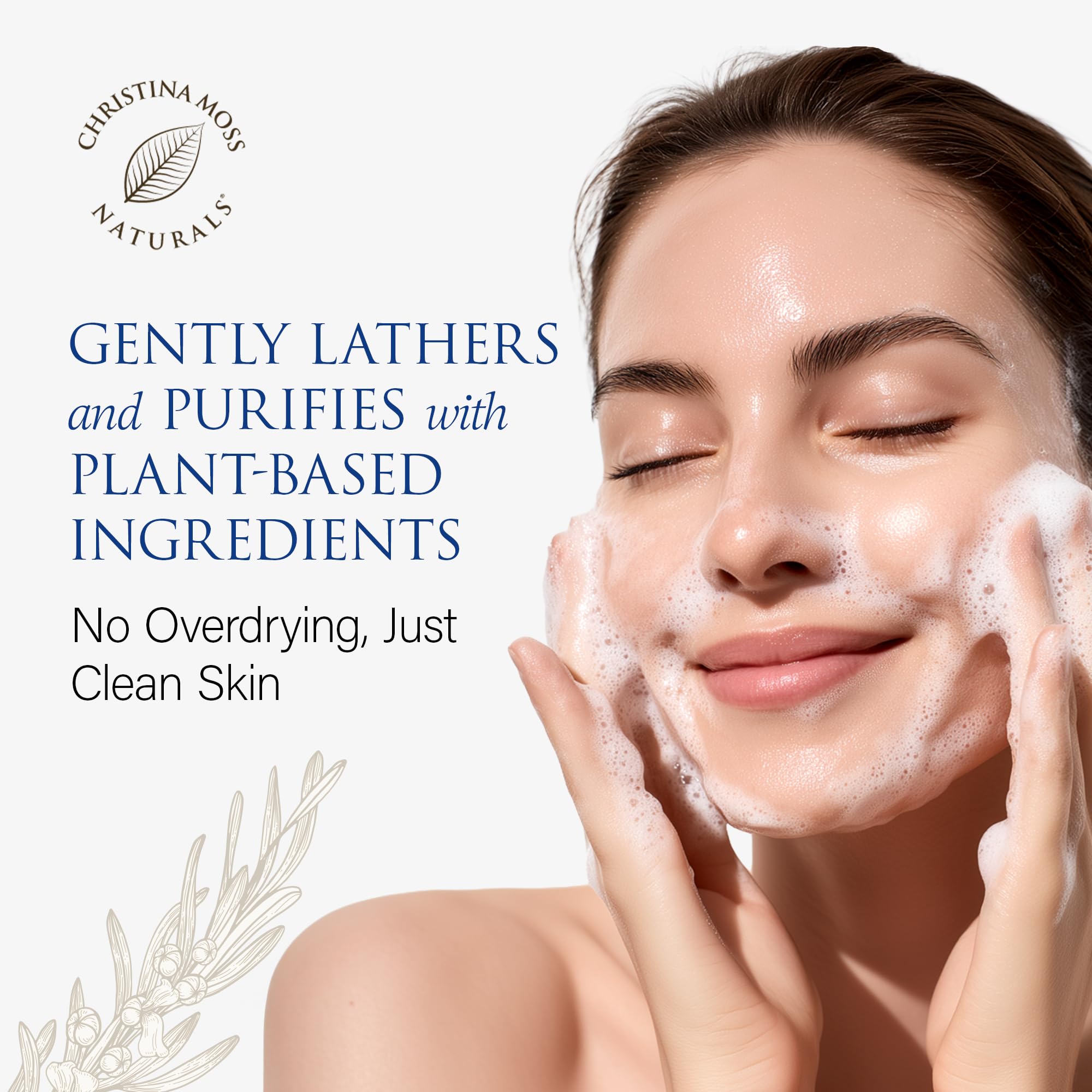 Christina Moss Naturals foaming action closeup—creamy cleanse that lifts dirt.