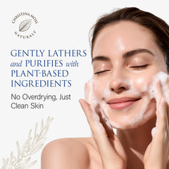 Christina Moss Naturals foaming action closeup—creamy cleanse that lifts dirt.