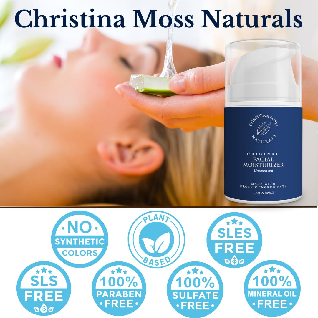 Christina Moss Naturals Original Moisturizer hands-neck use shows versatile, aloe-based care beyond the face.